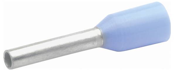 A blue insulated pin terminal with a metallic connector used for electrical wiring.