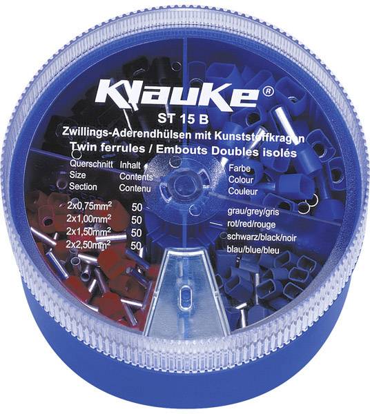 'Klauke ST 15 B' contains insulated twin wire end ferrules, colour-coded. Sizes: 2x0.75mm² (grey), 2x1.00mm² (red), 2x1.50mm² (black), 2x2.50mm² (blue).