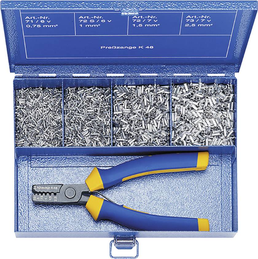 Blue metal box with multiple compartments filled with metal clips of various sizes. Beneath it lies a crimping plier.