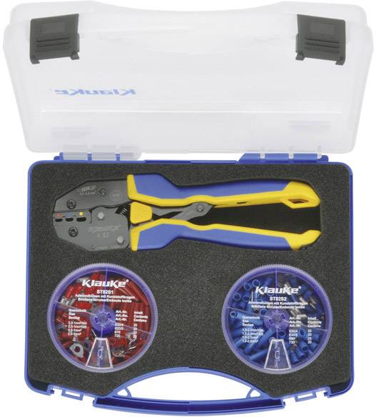 Toolkit with crimping pliers and two rolls of cable lugs by Klauke, in a plastic box with a transparent lid.