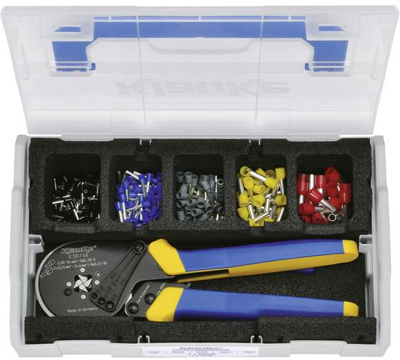 Open toolbox with a crimping plier and various coloured cable lugs in separate compartments.