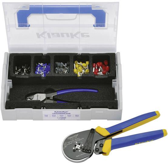 Tool case with crimping pliers and insulated cable shoes in various colours and sizes in separate compartments.