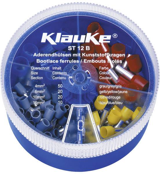 Round box with wire end ferrules in various colours and sizes from 4mm² to 16mm². Brand 'Klauke' and model 'ST 12 B'.