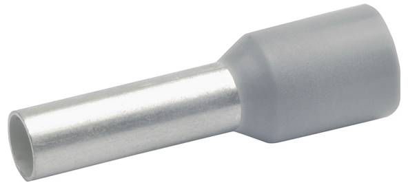 A gray ferrule with a cylindrical metal shaft and a plastic cap, typically used to secure wire ends in electrical connections.