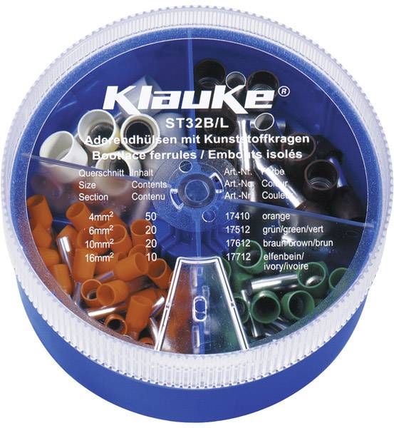 Round box with compression sleeves in various colours and sizes. Label reads: 'Klauke', Model 'ST32B/L', details of sizes and colours.