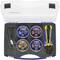 Toolkit with crimping pliers, crimping pliers cap and four spools of different crimping contacts in a transparent case.