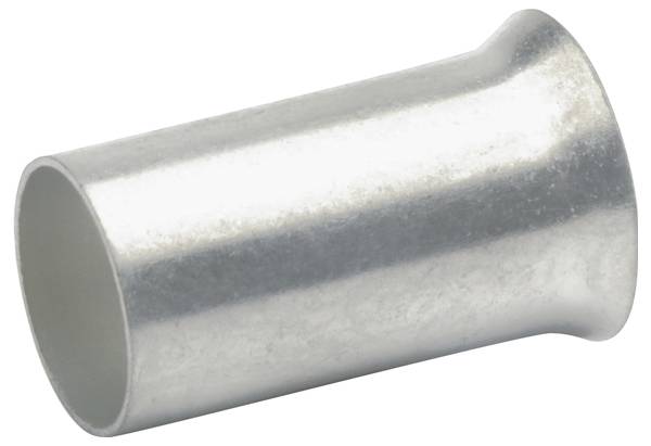 A close-up of a metal crimp sleeve with a smooth, cylindrical shape, used for securing wire connections in electrical applications.