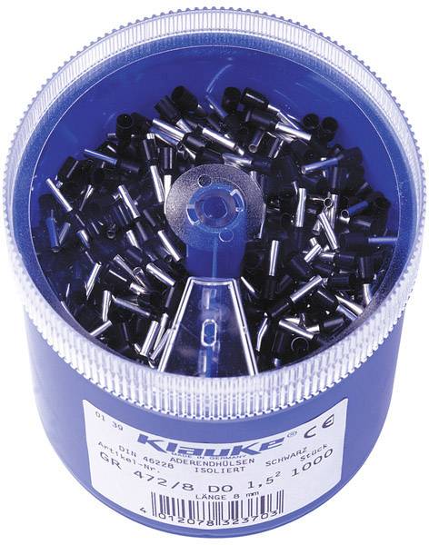 A blue plastic container with 1000 black insulated wire end ferrules, Model 'GR 472/8 D0 1.5', by the brand Klauke.