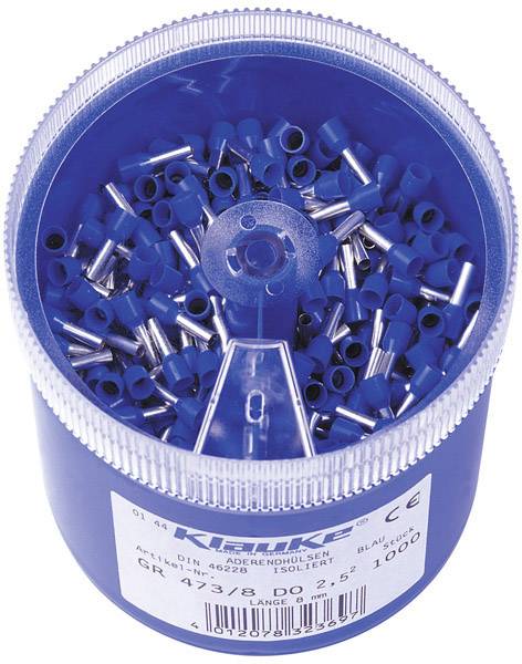 Blue plastic container with numerous blue and silver wire end sleeves, labelled with technical details and manufacturer's name.
