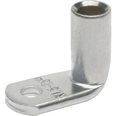 Metal cable lug in L-shape with screw hole, for connecting cables in electrical applications.