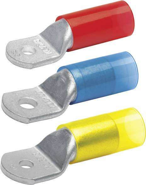 Three cable lugs in red, blue and yellow, each with a metal connection, on a white background.