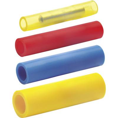 Four coloured heat-shrink tubes in yellow, red, blue, and yellow. The top yellow tube contains a metal insert.