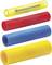 Four coloured heat-shrink tubes in yellow, red, blue, and yellow. The top yellow tube contains a metal insert.