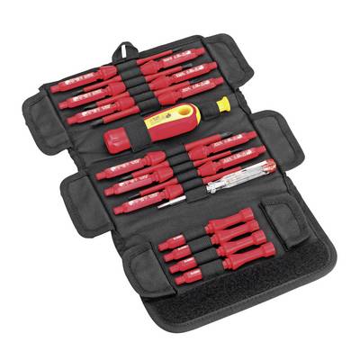 A set of isolated electrical tools in an open bag, with various screwdrivers and a voltage tester.