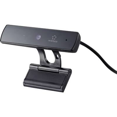 A black webcam with a stand and cable, positioned on a table. The camera has two lenses and the 'renkforce' logo.