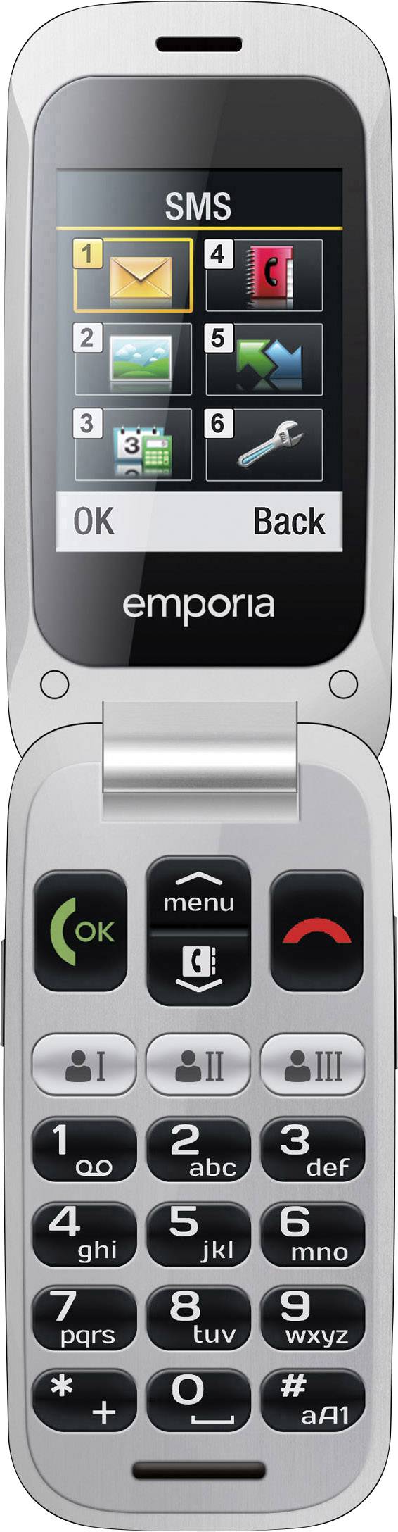 Silver flip mobile phone with a large display, large keypad and dedicated SMS button. Brand logo visible in the middle section.