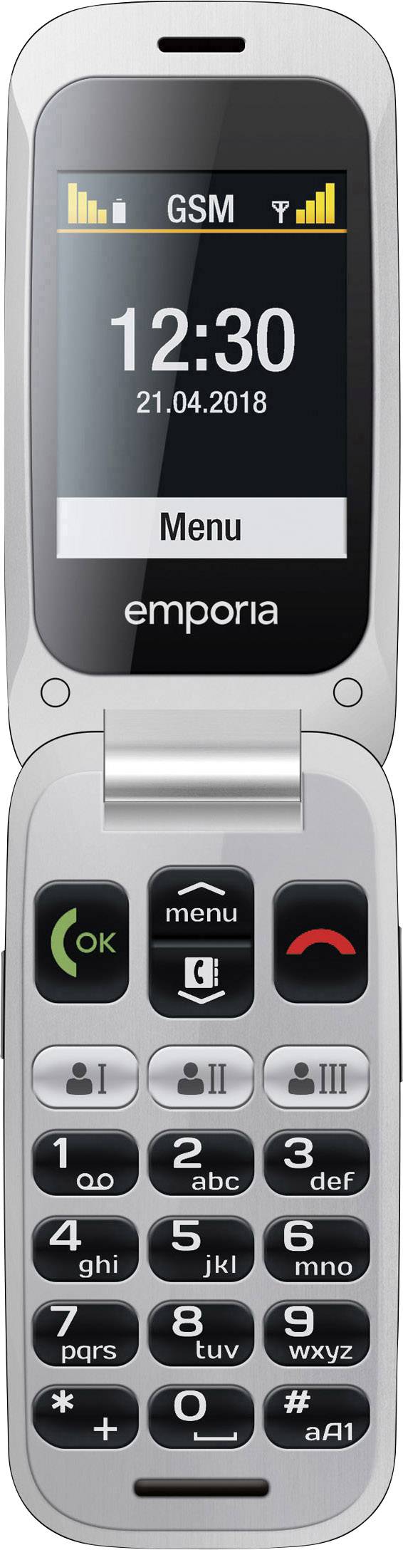 Flip mobile phone with large display and buttons. Shows time 12:30 and date 21/04/2018. Signal strength, battery indicator, 'GSM' at the top.