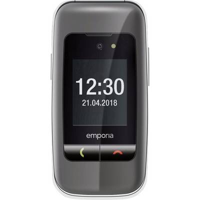 Flip mobile phone with large digital display, showing '12:30', date '21.04.2018', brand name 'emporia'.