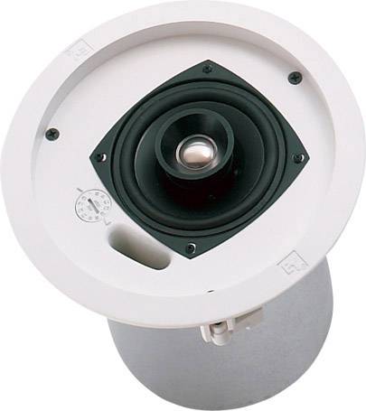 A large white ceiling loudspeaker with a black cone ring, suitable for ceiling installation for wider sound distribution.