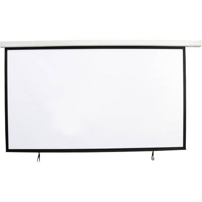 Projection screen, rectangular, white with a black border, mounted on a white bracket. Ideal for presentations or films.