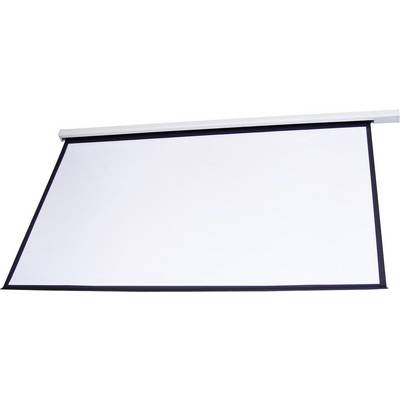 Projection screen for presentations or film screenings, pulled down, with black border.