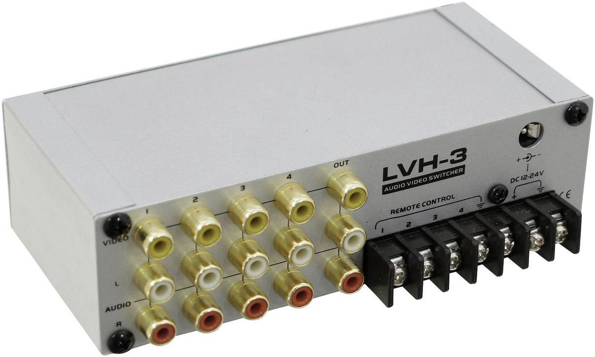 'Audio/Video switcher, Model LVH-3, with multiple RCA connections for input and output, as well as sockets for remote control and power supply.'