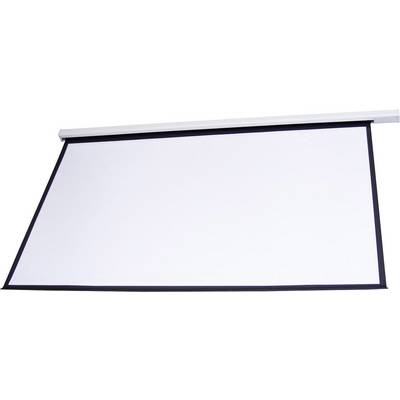 A white projection screen with a black frame, suspended from an upper rail. It is suitable for presentations.