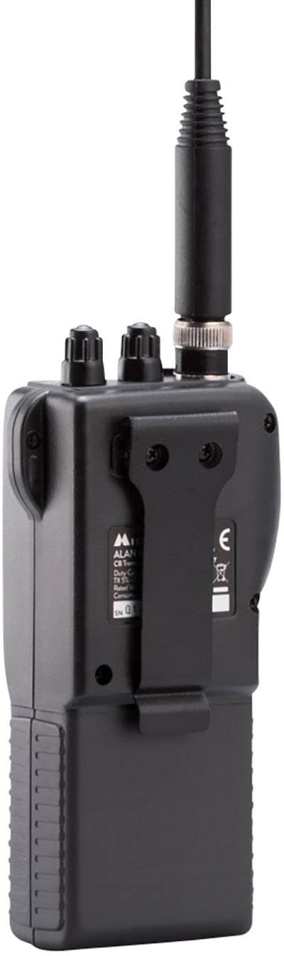 Black radio device with antenna and multiple buttons on top, standing upright. Suitable for communication in security or emergency-related situations.