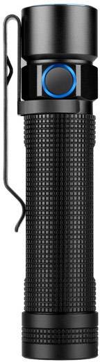 Black torch with blue illuminated button and clip, suitable for everyday use or outdoor activities.<br><br>Note: In British English, "torch" is used instead of "flashlight", and the translation maintains the original meaning and style.