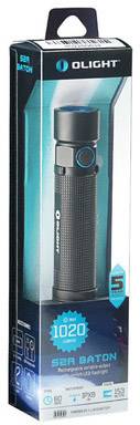 Torch packaging with the inscription 'Olight S2R Baton II'. Shows specifications: 1020 lumens, USB rechargeable, 5-year warranty.