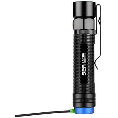 Black torch with 'S2R Baton' text. Standing upright with clip on the side; bottom with blue accent.