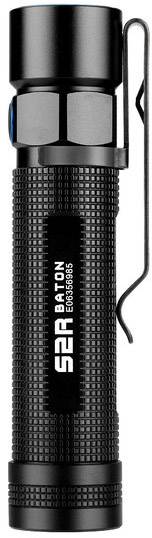 Black torch with a ribbed grip and clip, brand name 'S2R BATON' printed on the side. Designed for outdoor use.