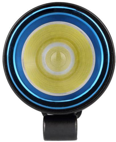 Round bicycle lamp with blue and golden illumination area, positioned centrally, against a white background.