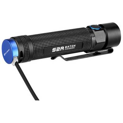 A black torch with a textured surface and a blue accent at the end. It has a button and a clip on the side.