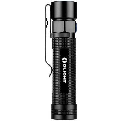 A black torch with a grippy surface and a side clip.