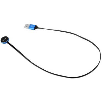Long, black USB cable with a blue connector and a round, magnetic end, often used for charging devices.