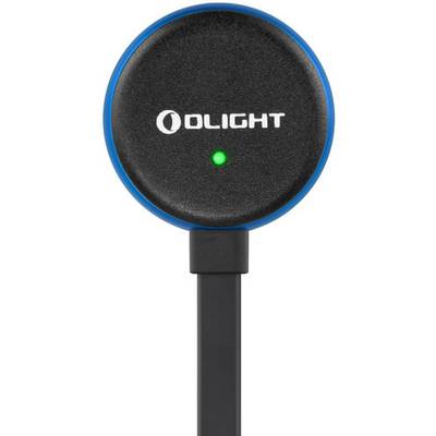 A round, black charger with a glowing green light in the centre. The word 'OLIGHT' is printed on the top.