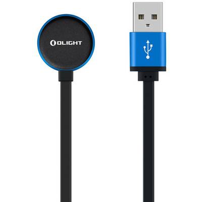 A USB charging cable with a magnetic charging connector and blue casing, suitable for Olight devices.