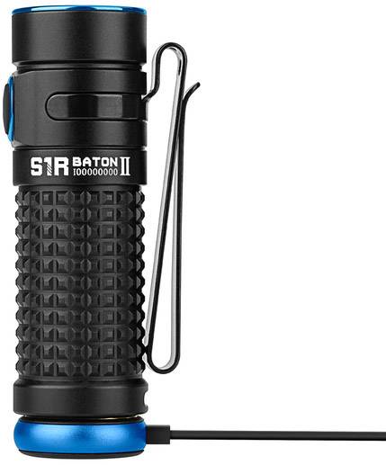 A compact black torch with a blue base and charging cable. It has a textured grip and an attachment clip.