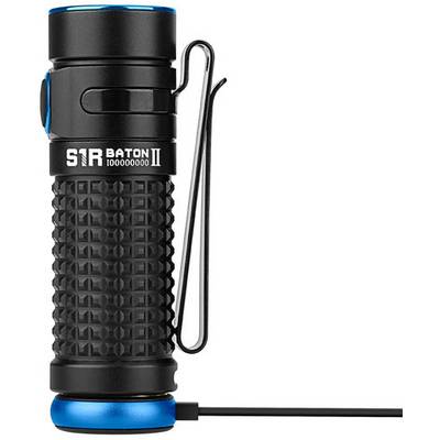 A compact black torch with a blue base and charging cable. It has a textured grip and an attachment clip.