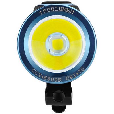 Round LED light with inscription '1000 Lumens, CCT: 6500K, CRI: 70', showing performance and colour specifications.