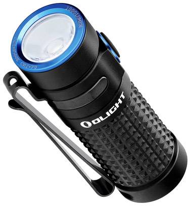 A compact, black torch with a blue trim and clip. It has a textured grip for improved handling.