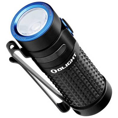 A compact, black torch with a blue trim and clip. It has a textured grip for improved handling.