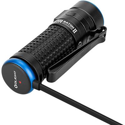 Black torch with a blue ring and clip, lying down, showing the Olight brand. It is connected to power via a cable.