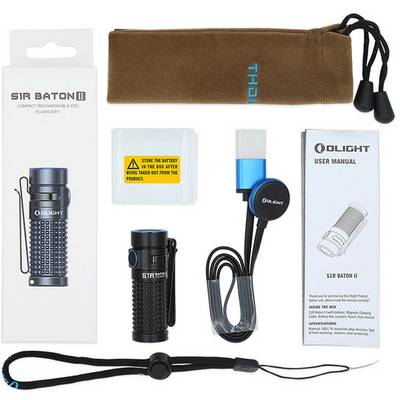 A torch set with accessories: torch, case, charging cable, instruction manual, battery accessories, and hand strap. Brand: Olight.