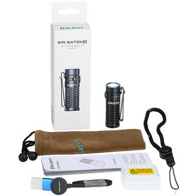 'Torch set with packaging, torch, charger, instructions and accessories. The main product is the black Olight S1R Baton II lamp.'