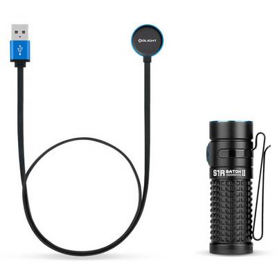 A tactical torch next to a USB charging cable with a magnetic connector, suitable for charging the torch.