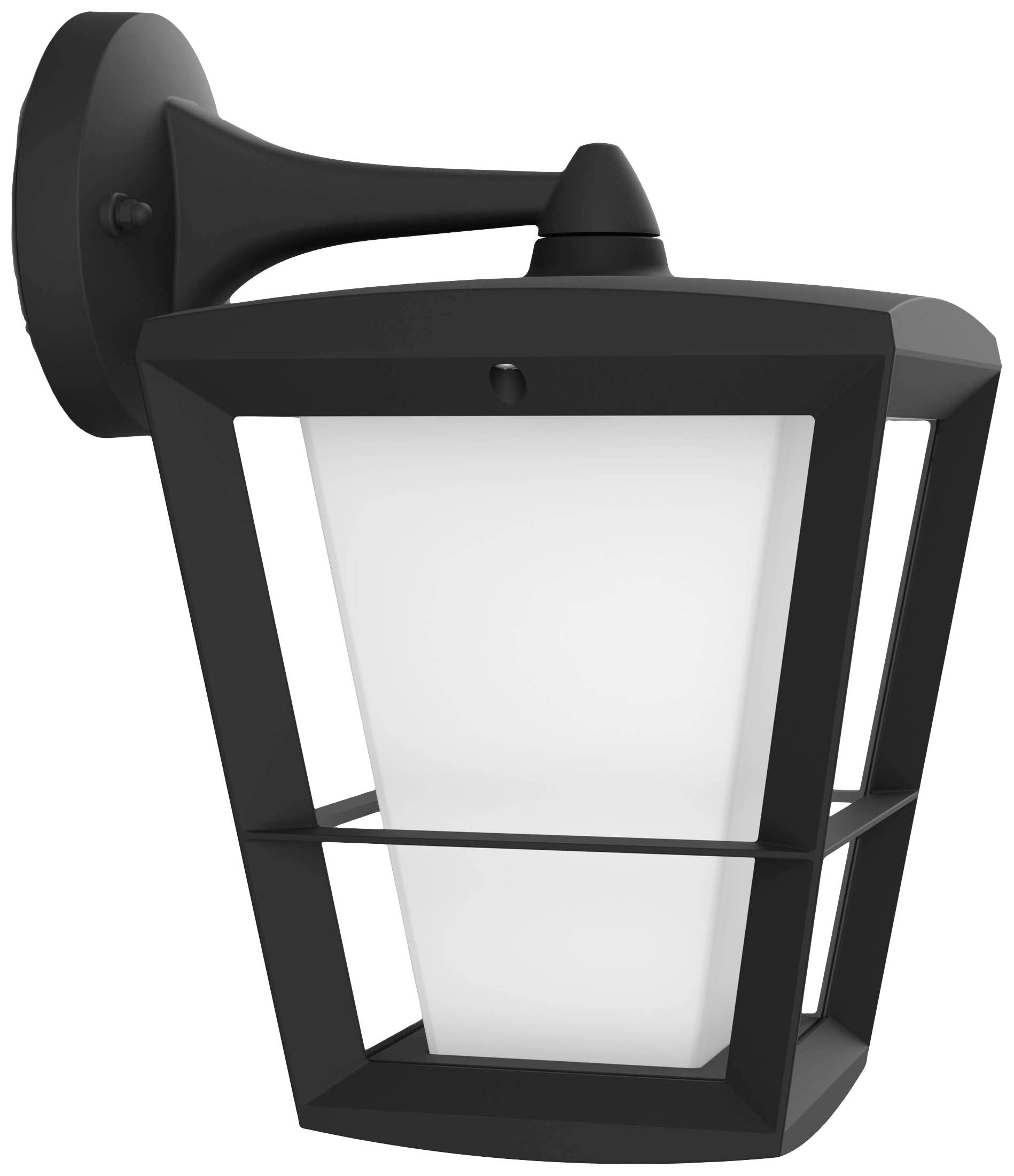 Black wall light with a rectangular, geometric design and white glass. Ideal for exterior lighting.
