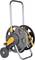 A compact, portable hose reel with a yellow handle, grey wheel, and yellow connector. Perfect for garden hoses.