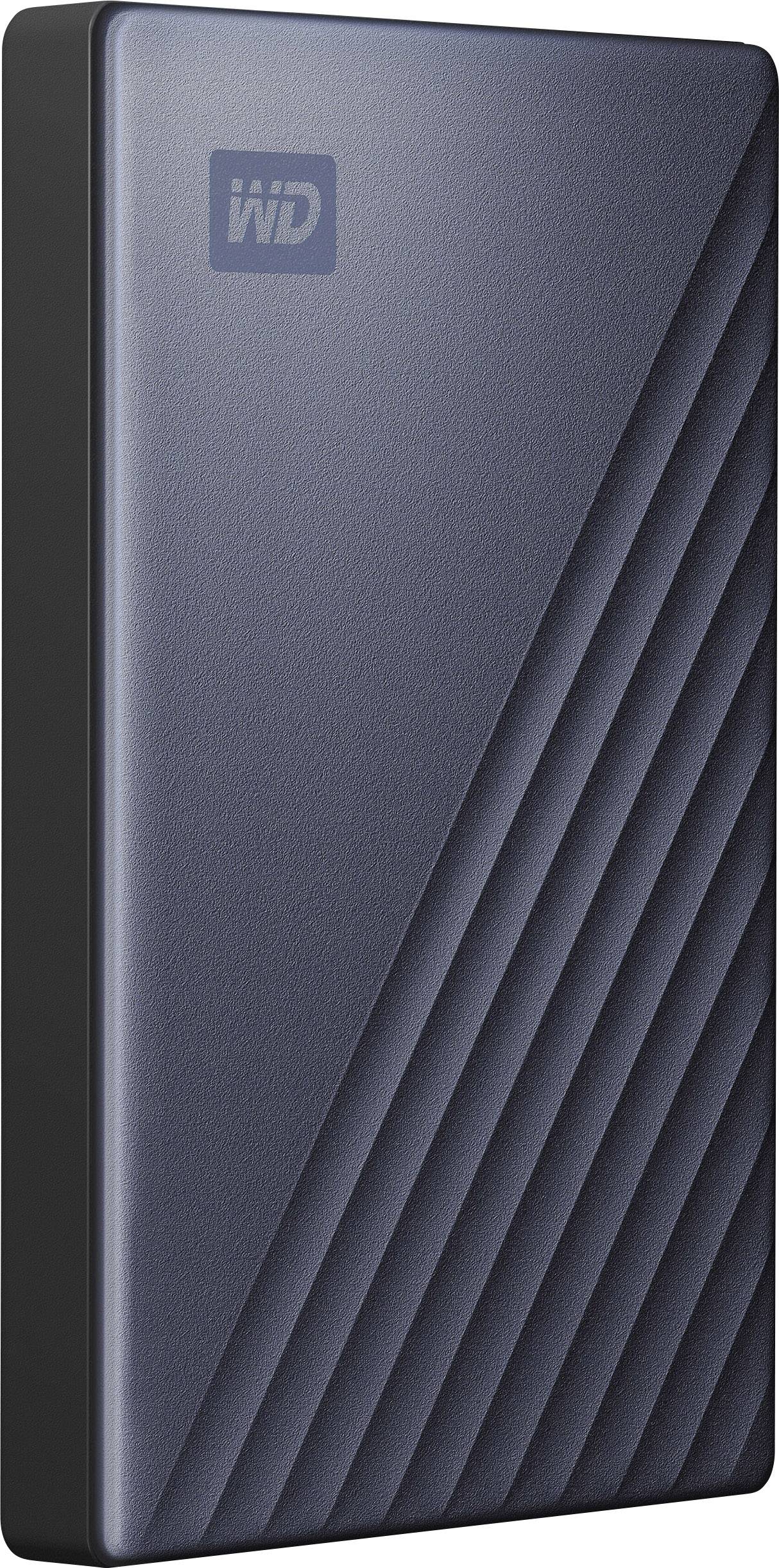 External hard drive with dark casing and diagonal ribbed pattern, 'WD' brand logo in the top left, vertical view.